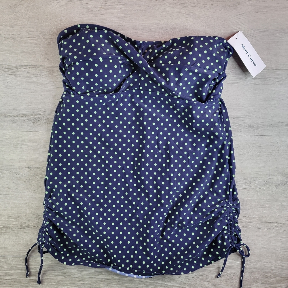 Meet Curve Womens XL Swimsuit Dress Blue Green Polka Dot Ruched Tie Sides NWT - Picture 2 of 11